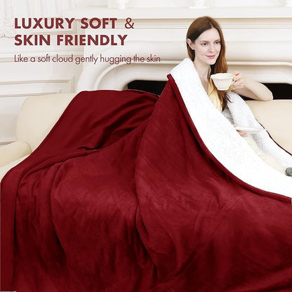 Electric Heated Throw Blanket 50" x 60" - Soft Flannel Sherpa Electric Heated Blanket with 5 Heating Levels & 4 Hours Auto Off, Heating Blanket as a Gift for Grandma, Machine Washable (Red)