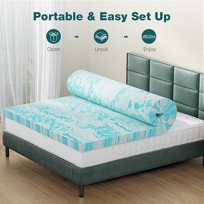 Sweetcrispy Mattress Topper Queen, Memory Foam 4 Inch Thick Gel Infused Cooling Toppers Pad for Queen Size Bed, Sleeper Sofa, RV, Camper, CertiPUR US, Breathable
