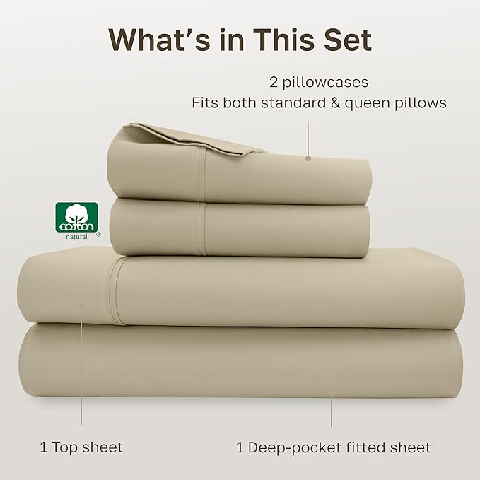 California Design Den Queen Sheet Set - Soft 400 Thread Count Sateen, Natural 100% Cotton Sheets with Deep Pockets, and Durable Bedding Set - Beige (Golden Tone)
