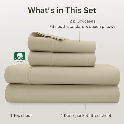 California Design Den Queen Sheet Set - Soft 400 Thread Count Sateen, Natural 100% Cotton Sheets with Deep Pockets, and Durable Bedding Set - Beige (Golden Tone)