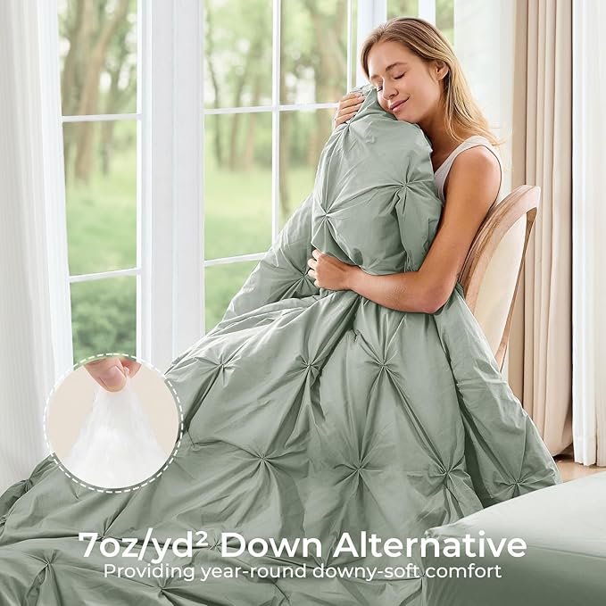Sasttie King Size Comforter Set, 7-Piece Bed in a Bag, Pintuck Bedding Sets for All Season, Includes Comforter, Flat Sheet, Fitted Sheet, Pillowcases and Pillowshams, Dusty Green