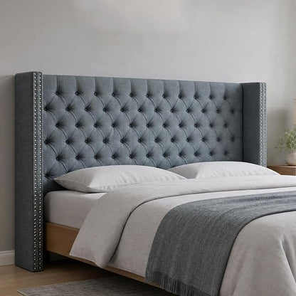 Madison Park King Wingback Upholstered Tufted Headboard, Featuring High-Density Sponge Padding, Adjustable Height Headboard, Easy Assembly, Dark Grey Woven