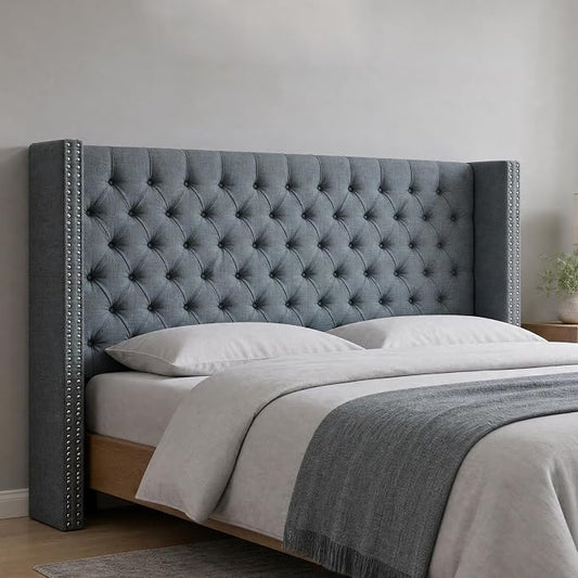 Madison Park King Wingback Upholstered Tufted Headboard, Featuring High-Density Sponge Padding, Adjustable Height Headboard, Easy Assembly, Dark Grey Woven