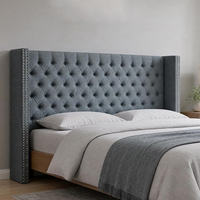 Madison Park Queen Wingback Upholstered Tufted Headboard, Featuring High-Density Sponge Padding, Adjustable Height Headboard, Easy Assembly, Dark Grey Woven