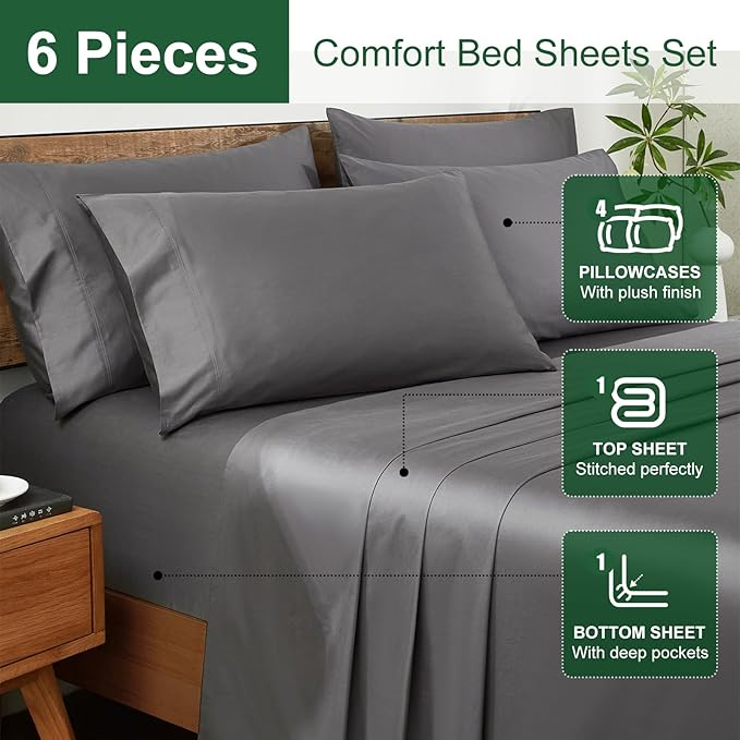 Ivellow 100% Egyptian Cotton Sheets Queen Size Set - 1200 Thread Count 6 PC 18" Deep Pocket Queen Size Bed Sheet Set，Luxury Soft Breathable Grey Cooling Sheet Sets Durable Hotel Quality Bedding