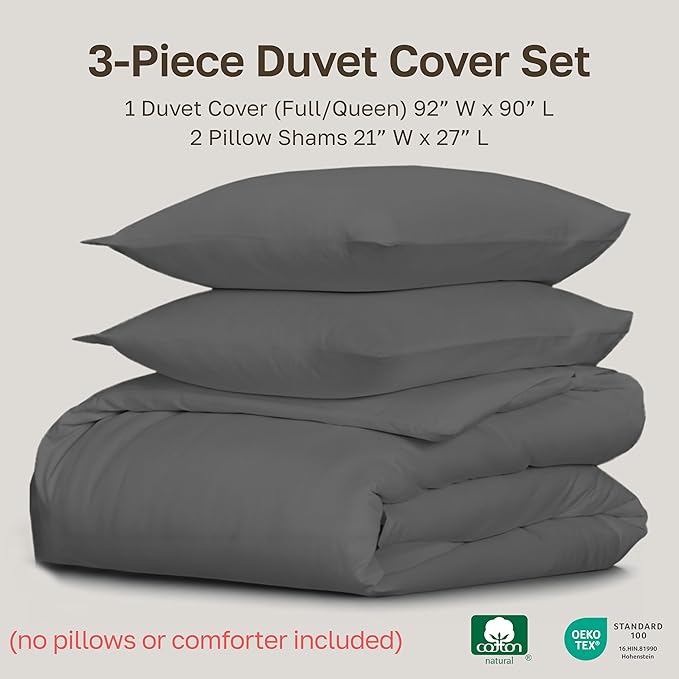 California Design Den 3 Pc Full/Queen Size Duvet Cover Set - Winner Good Housekeeping Best Bedding Awards 2025, 400 Thread Count Sateen, 100% Cotton Duvet Cover Queen,Button Closure, Corner Ties -Grey