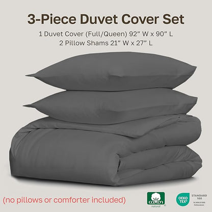 California Design Den 3 Pc Full/Queen Size Duvet Cover Set - Winner Good Housekeeping Best Bedding Awards 2025, 400 Thread Count Sateen, 100% Cotton Duvet Cover Queen,Button Closure, Corner Ties -Grey