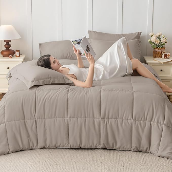 JOLLYVOGUE Queen Comforter Set, Ultra-Soft Bed in a Bag Queen Size 7 Pieces, Oeko-TEX Certified Bedding Set with Down Alternative Comforter, Sheets, Pillowcases & Shams, Khaki