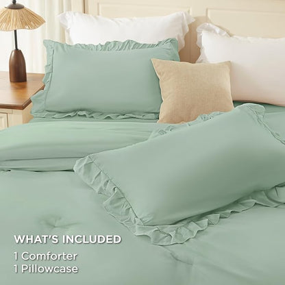 Andency Sage Green Twin Size Comforter Set, 2 Pieces Boho Lightweight Fluffy Ruffle Bedding Set & Collections, All Season Soft Polyester Farmhouse Shabby Chic Bed Set for Kids (66x90In Comforter)