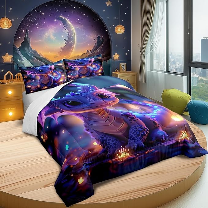 Castle Fairy Cute Dragon Bedding Set King Size Mysterious Jungle Comforter for Child Toddler Teens Kawaii Western Dragon Animal Down Comforter Glitter Plant Duvet Insert with 2 Pillowcases