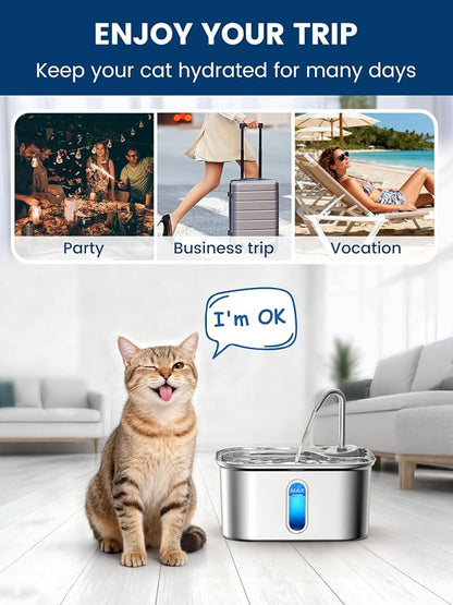 Cat Water Fountain Stainless Steel for Cats Indoor 2.5L 85oz by BPA-Free SUS304, Effective 6-Layer Filter Cat Fountain for Drinking 20dB Ultra Quiet Metal Pet Water Fountain (Fountain+1 Filter)