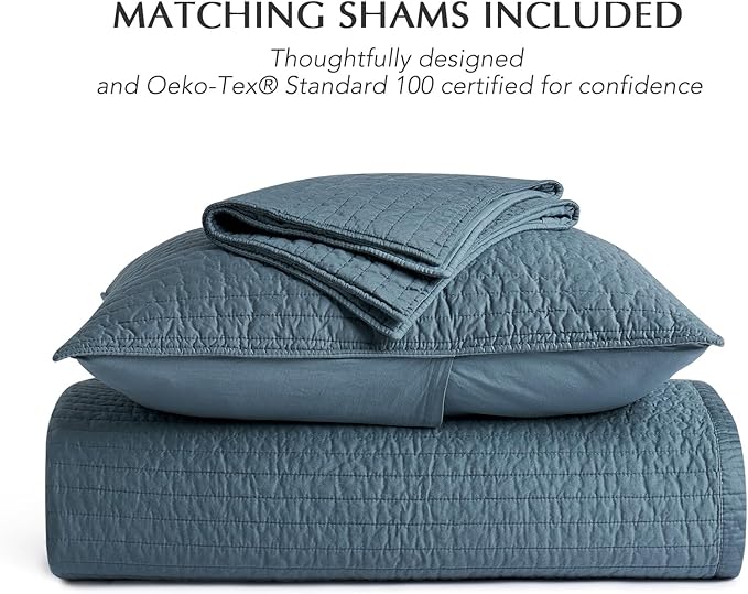 EVERGRACEHOME Cotton Sateen Quilt Set King Size, Pre-Washed Cotton Channel Stitch Coverlet Bedspread, 3 Pieces Lightweight Soft Bedding Sets for All Season, with 2 Pillow Shams, Sonoma Blue