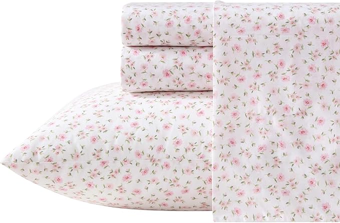 Laura Ashley - King Sheet Set, Crisp & Cool Cotton Percale Bedding for Year Round Comfort, Deep Pocket, Bed Sheets with Matching Pillowcases (Little Ditsy Pink)