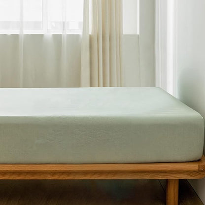 MooMee Fitted Bottom Sheet Only 100% Washed Cotton Linen Like Textured Breathable Durable Soft Comfy Deep Pocket Fits Mattress up to 17" (Sage Green, King)