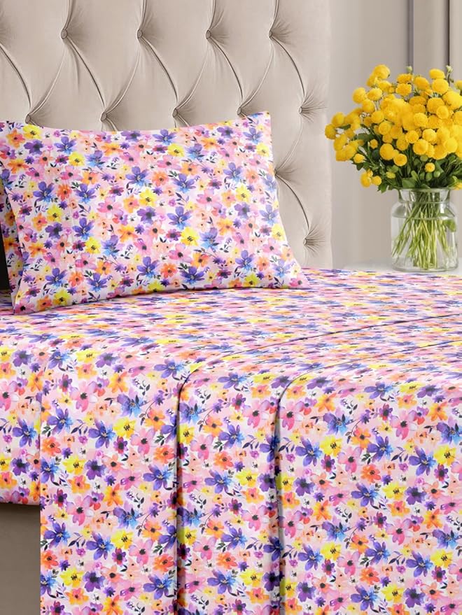 Floral Sheets - Pink Flower Bed Sheet Set - 1 Flat, 1 Fitted & 1 Pillowcase w/ Deep Pockets - Comfy, Cozy, Wrinkle & Fade Free - Boho Botanical Bedding - Soft, Breathable and Cooling - Twin Size Set