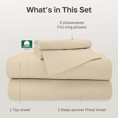 California Design Den Natural 100% Cotton Sheets King Size Set - 500 Thread Count Sateen, King Sheet Set, Fully Elasticized Deep Pockets for a Snug Fit, Breathable Bedding - Beige