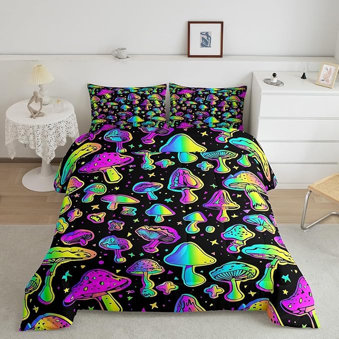 Mushroom Comforter Set King Cute Mushroom Comforter for Kids Girls Boys Cartoon Tie Dye Bedding Sets Teal Purple Neon Ombre Down Comforter Wild Colorful Botanical Quilt Set