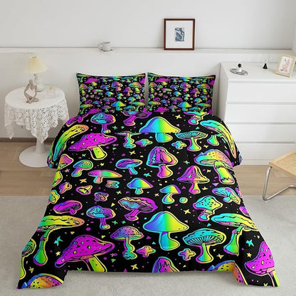 Mushroom Comforter Set King Cute Mushroom Comforter for Kids Girls Boys Cartoon Tie Dye Bedding Sets Teal Purple Neon Ombre Down Comforter Wild Colorful Botanical Quilt Set