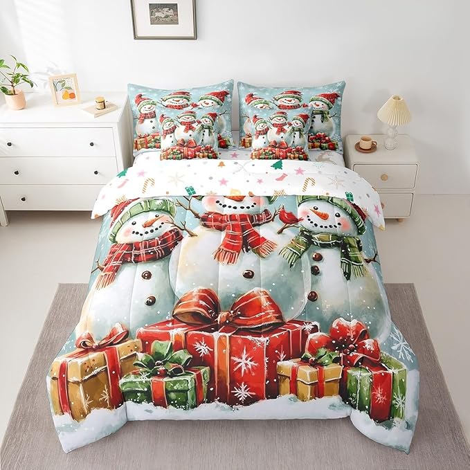 Happy New Year Comforter Set Bed in a Bag 7 Pieces King,3D Snowman Gifts Watercolor Bowknot Bedding Set,Winter Geometric Snowflakes (Comforter+Fitted+Flat Sheet+2 Pillowcases+2 Throw Pillow Covers)