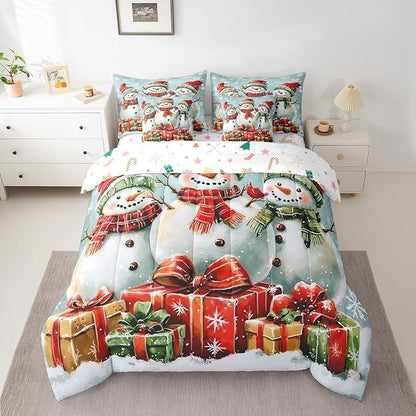 Happy New Year Comforter Set Bed in a Bag 7 Pieces King,3D Snowman Gifts Watercolor Bowknot Bedding Set,Winter Geometric Snowflakes (Comforter+Fitted+Flat Sheet+2 Pillowcases+2 Throw Pillow Covers)