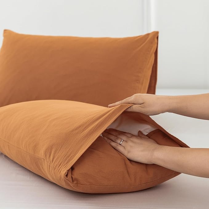 MooMee Bedding Pillowcases Pack of 2 100% Washed Cotton Linen Like Textured Breathable Durable Soft Comfy (Solid Burnt Orange, King)