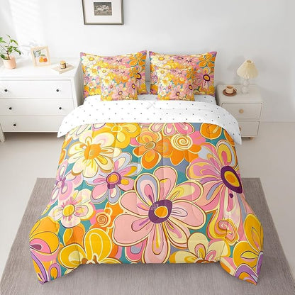 Bohemian Twin Comforter Set with Sheets Bed in a Bag 7 Pcs,70s Hippie Floral Retro Flowers Bed Set,Vintage Farmhouse Style Bedding Sets with Comforter,Flat,Fitted Sheet,Pillowcases,Pillow Covers