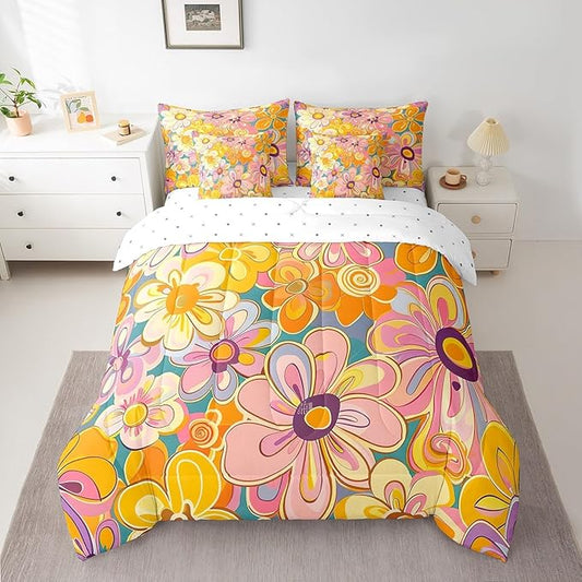 Bohemian King Comforter Set with Sheets Bed in a Bag 7 Pcs,70s Hippie Floral Retro Flowers Bed Set,Vintage Farmhouse Style Bedding Sets with Comforter,Flat,Fitted Sheet,Pillowcases,Pillow Covers