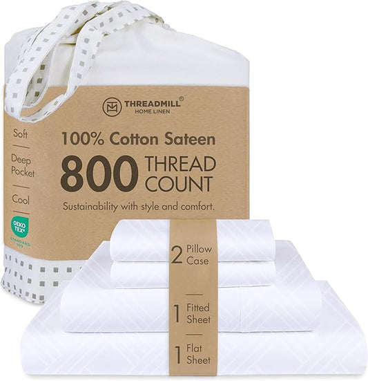 Threadmill Luxury 100% Cotton King Size Sheets Set- 800 Thread Count Jacquard Celine Hotel White, Better Than Egyptian Cotton,4 Pc Striped Bed Set, Damask Bed Sheets with 16" Deep Pocket