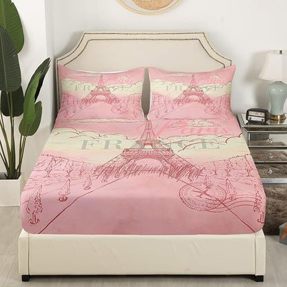 Eiffel Tower Bed Sheets Set Retro Paris Style Fitted Sheet Vintage Cityscape Bedding Set for Bedroom Decor Girls Women Landmark Sheet (Twin Flat Sheet & Fitted Sheet with 1 Pillow Case)