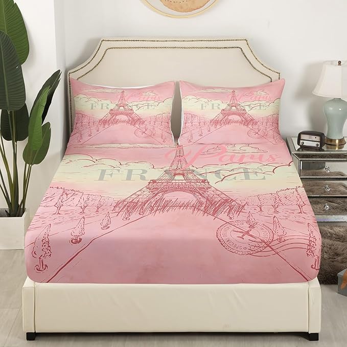 Eiffel Tower Bed Sheets Set Retro Paris Style Fitted Sheet Vintage Cityscape Bedding Set for Bedroom Decor Girls Women Landmark Sheet (King Flat Sheet & Fitted Sheet with 2 Pillow Case)