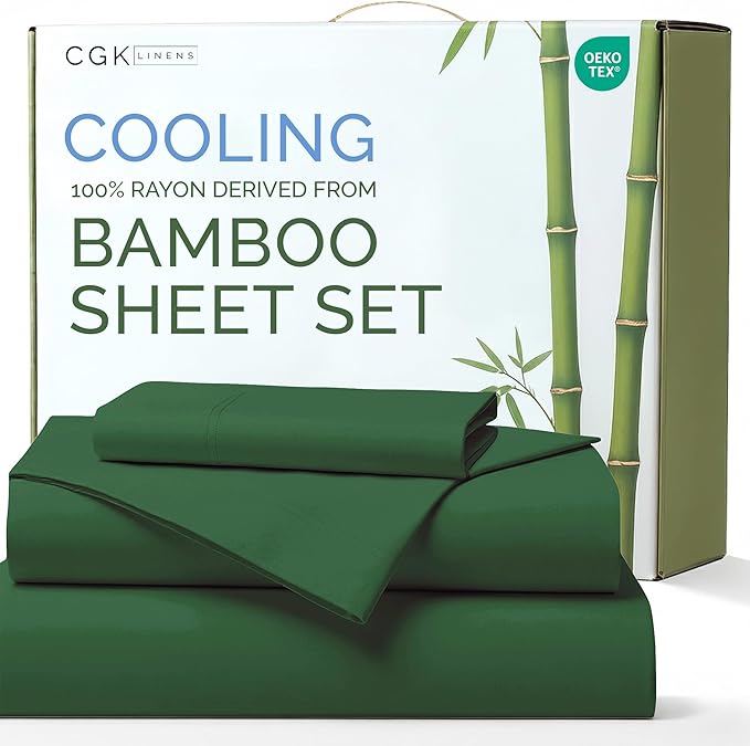 100% Rayon Derived From Bamboo - Sheets Twin Size - Cooling Sheets for Twin - Soft, Breathable & Hotel Luxury Bedding - 1 Flat & 1 Fitted & 1 Pillowcase w/ 16 Inch Deep Pockets - Emerald Green