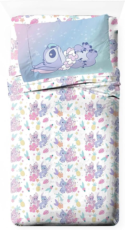Jay Franco Kids Sheet Cartoon Set with Fitted, Flat Sheets & Pillow Cover - Ultra-Soft Bedding with Pillowcase for Room Decor, White - Lilo & Stitch 01, 3 Piece Twin