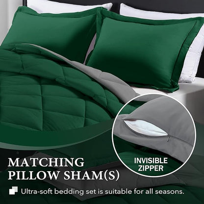 downluxe Queen Comforter Set - Dark Green and Grey Queen Comforter, Soft Bedding Sets for All Seasons -3 Pieces - 1 Comforter (88"x92") and 2 Pillow Shams(20"x26")