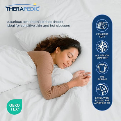 Therapedic 100% Egyptian Cotton King 6-Piece Sheet Set – Naturally Cooling & Breathable Sateen, Preshrunk Garment Wash, 16" Deep Pocket Fitted Sheet, Bonus Pillowcases, Soft & Durable - Dove