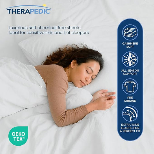 Therapedic 100% Egyptian Cotton Queen 6-Piece Sheet Set – Naturally Cooling & Breathable Sateen, Preshrunk Garment Wash, 16" Deep Pocket Fitted Sheet, Bonus Pillowcases, Soft & Durable - Dove