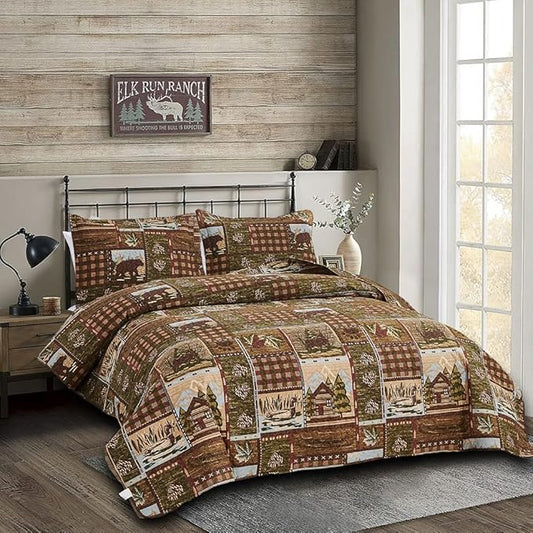 Moose Bear Quilt Set Full/Queen Size Rustic Cabin Bedding Set Reversible Quilts Home Lodge Bedspread Coverlet Wildlife Bears Pine Tree Bedding Woodland Plaid Patchwork Quilted Bed Spread Country Decor