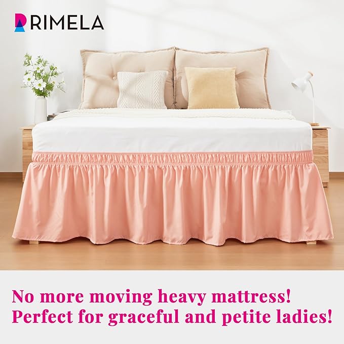 RIMELA Peachy Coral Bed Skirt Queen Size 18 Inch Drop, Elastic Bed Skirting for Bed Base and Frame, Bedding Dust Ruffle Easy to Install, Wrap Around Adjustable Bedskirt
