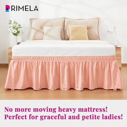 RIMELA Peachy Coral Bed Skirt Queen Size 18 Inch Drop, Elastic Bed Skirting for Bed Base and Frame, Bedding Dust Ruffle Easy to Install, Wrap Around Adjustable Bedskirt