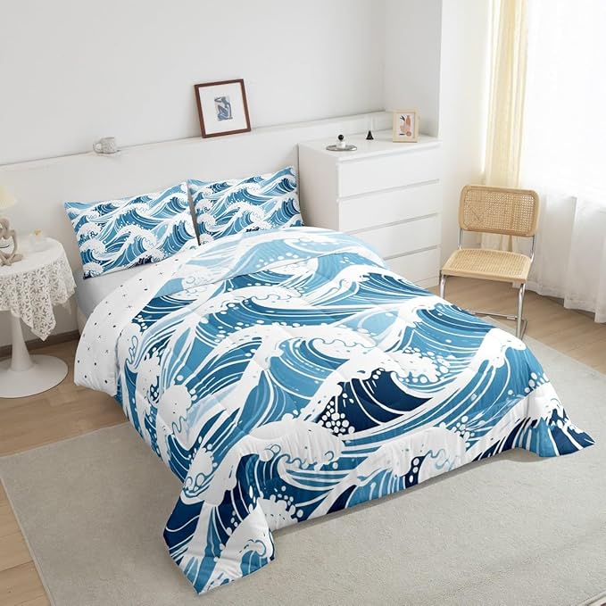 Erosebridal Sea Waves Comforter Set King Size Ukiyo-E Bedding Set for Kids Men Women Geometric Japanese Style Navy Blue White Comforter Warm Soft Quilt Insert