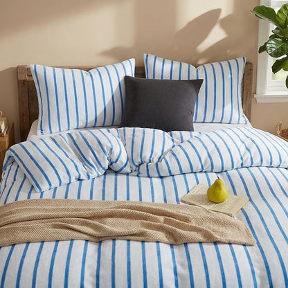Bedbay Blue Striped Comforter Set Queen Size Microplush Fleece Bedding Set Ultra Soft & Warm Flannel Velvet Comforter Set 3 Pcs Blue White Stripes Pattern Queen Bed Set for All Seasons