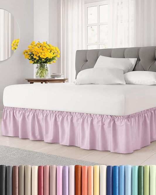 Wrap Around Dust Ruffle Bed Skirt - Light Pink - for Full Size Beds with 21 Inch Drop - Elastic Strap - Adjustable Pleated Bedskirt with Brushed Fabric and Wrinkle Free - for Women, Men, Kids & Teens