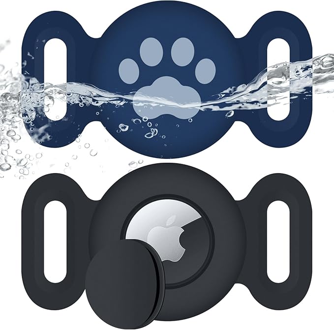 Waterproof Collar Holder Compatible with Airtag (2 Pack), Protective Anti-Lost Case for GPS Tracker, Silicone Collar Holder for Pets (Black/Midnight Blue)