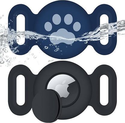 Waterproof Collar Holder Compatible with Airtag (2 Pack), Protective Anti-Lost Case for GPS Tracker, Silicone Collar Holder for Pets (Black/Midnight Blue)