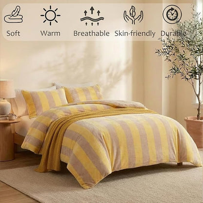 Bedbay Yellow Striped Comforter Set King Size Luxury Fleece Fluffy Comforter Set Plush Flannel Bedding Yellow Stripes Pattern Bed Set Soft Warm Velvet Bedding Comforter for All Seasons