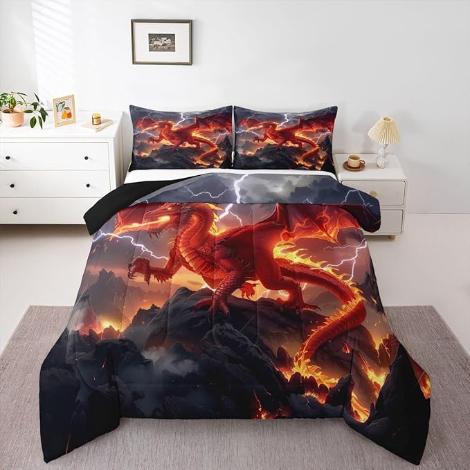 Castle Fairy Red Flame Comforter/Duvet Set King Size,Dragon Ultra Soft Bed Collection,Cool Wild Animals Bedding for Room Decor 3 Pcs,Microfiber Breathable