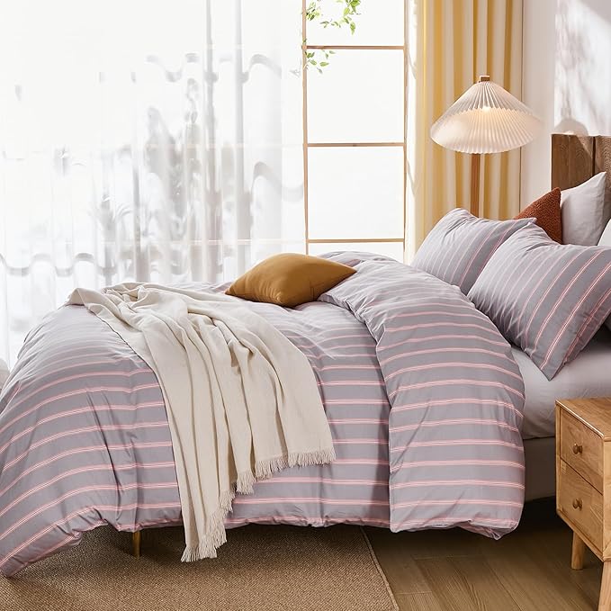 Merryword 100% Cotton Duvet Cover Set King Size - Gray and Pink Striped Bedding Set with Zipper & Corner Ties, 3-Piece Luxury Linen Like Bedding Set for All Seasons
