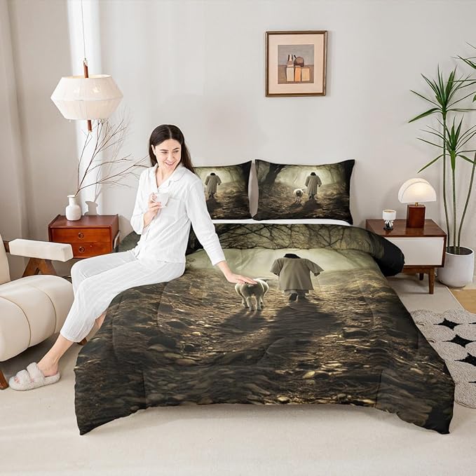 Castle Fairy Mysterious Jungle Bed Comforter Set Queen Size,Sheep Print Super Soft Microfiber Bedding Set for Adults Teens,Wild Animals Comforter Set,2 Pillowcases