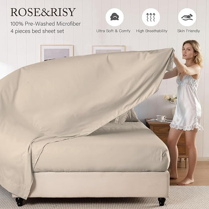 ROSE&RISY Khaki Sheets Twin Sheet Set, Pre-Washed Brushed Cotton-Like Microfiber, 3 Pcs Soft Breathable Sheet Set Twin,Fade Resistant, Includes 1 Fitted, 1 Flat, 1 Pillowcases (Khaki, Twin)