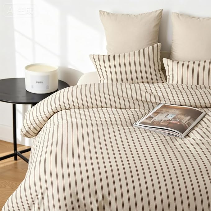 Nayoroom Striped Comforter Set Queen Size Brown Stripe Comforter 3 Pieces Girls Soft Lightweight Pinstripe Dorm Bedding Set for All Seasons (Tannish Linen Grey Brown Stripes)