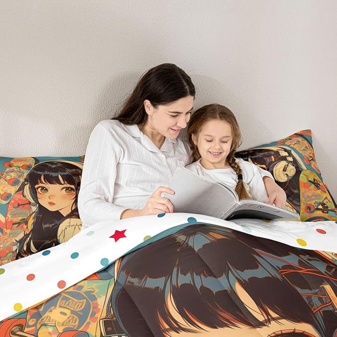 Erosebridal Kids Comforter Sets Queen Size, Cool Girl with Hippie Headphone Bedding Comforter Sets, Fashion Girly Comforter Duvet Set 3D Anime Cartoon Style Teens Bedding Sets for Girls Women
